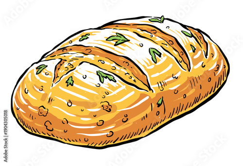 Garlic bread illustration artwork for sticker print. Crusty loaf vintage graphic design. Fresh baked bread sketch drawing. Bakery food promotional art