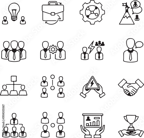 Professional leadership and business growth line icon set featuring brainstorming ideas mountain peak success briefcase gear organizational hierarchy and handshake symbols for corporate strategy.