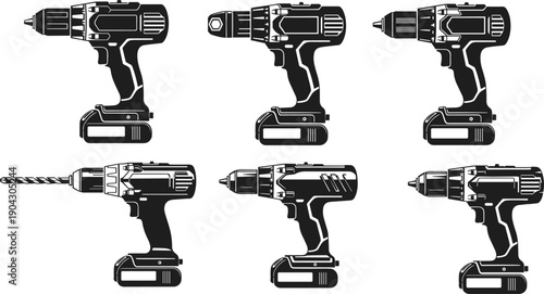 Cordless drill silhouettes, power tool icons, electric screwdriver shapes, construction equipment set, isolated black vector illustration, hardware toolkit concept