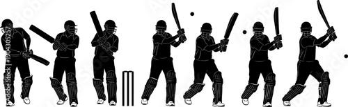 Cricket player silhouettes batting sequence, sports action poses with bat ball, isolated black vector illustration set