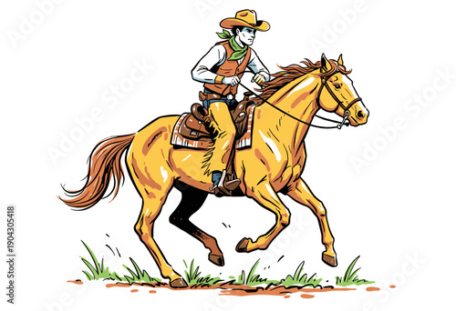 Cowboy riding horse illustration. Western wild west artwork. Vintage rodeo design for t-shirt print. American desert theme graphic. Horse rider vector