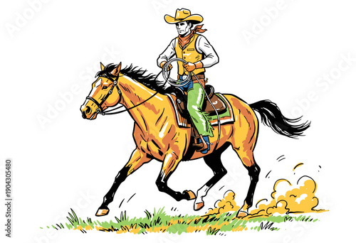 Cowboy riding horse vintage artwork. Wild west rodeo graphic illustration. Western poster print design for t-shirt. Rough rider wild animal art. Tradi