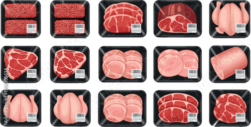 Collection of fresh meat products in plastic trays including beef steaks minced meat whole chicken and pork slices vector.