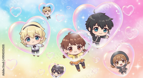 Chibi Friends Floating in Heart Bubbles
