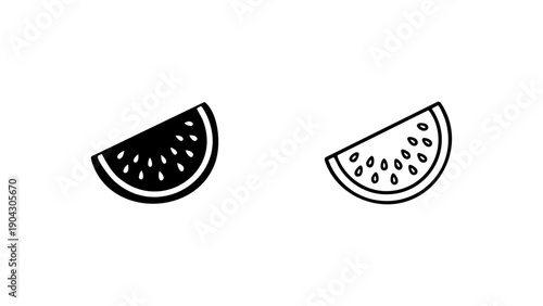 Two stylized watermelon slices, one solid black silhouette and one outline, isolated on white background.