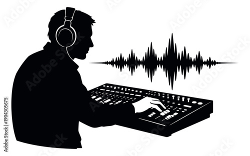Line art illustration of a sound engineer depicting audio production for music and podcasts