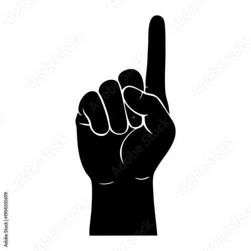 Black silhouette of a hand with index finger pointing upwards, isolated on a white background, symbol.