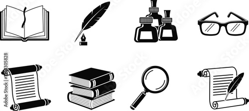 Education icons set, books, scroll, quill pen, ink bottle, glasses, magnifier, reading, writing, study, knowledge, vector illustration