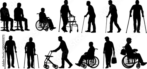 Elderly people silhouettes, disability mobility aids collection, wheelchair walker cane users, isolated black vector illustration set