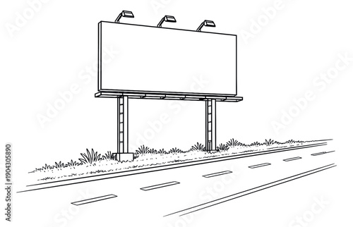 Hand drawn line art illustration of a blank billboard depicting an advertising space next to a road for outdoor marketing