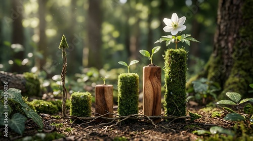 Hyper-realistic organic bar graph made of moss wood and plants on forest floor showing sustainable growth trend.