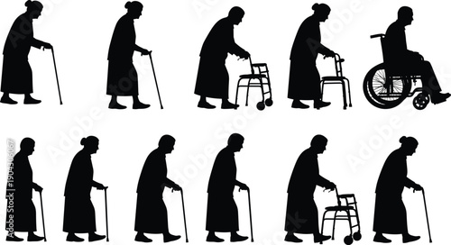 Elderly silhouettes walking aids, senior people with cane walker wheelchair, aging mobility concept, isolated, white background, care