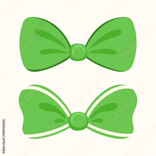 Vector set of green bow ties for Saint Patrick's Day. Cartoon illustration of festive Irish necktie accessories, solid green and with white stripes, isolated on white for holiday party.