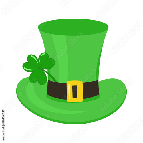 Green leprechaun hat with four leaf clover for Saint Patrick's Day celebration. Vector cartoon illustration of Irish traditional top hat with gold buckle isolated on white for luck and holiday design.