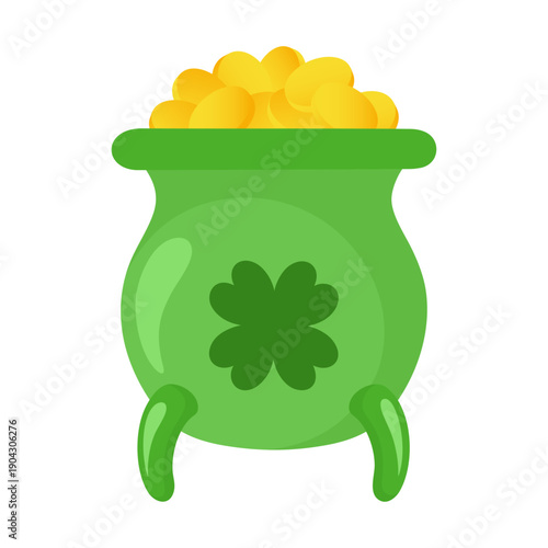 Green pot of gold full of golden coins with a four-leaf clover symbol. Traditional Irish treasure cauldron for St. Patrick's Day celebration, wealth and luck concept vector illustration isolated.