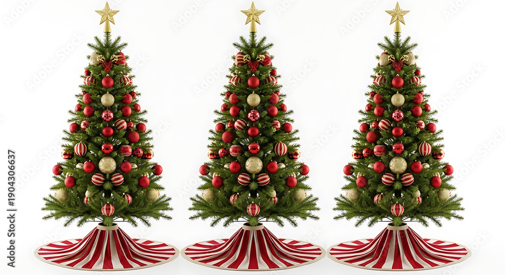 Obraz premium Row of three festive Christmas trees adorned with red and gold baubles, topped with golden stars, against a clean white backdrop