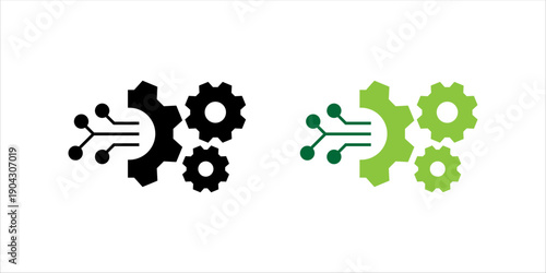 Minimal outline icon showing gears connected with circuit lines, representing digital networks, system integration, automation, and smart technology.