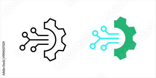 Minimal line icon combining gear and circuit lines representing technology integration, automation, digital systems, and engineering processes.