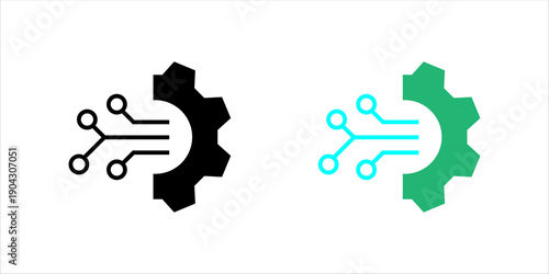 Minimal line icon combining gear and circuit lines representing technology integration, automation, digital systems, and engineering processes.