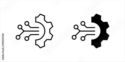 Minimal line icon combining gear and circuit lines representing technology integration, automation, digital systems, and engineering processes.