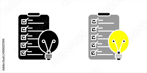 Outline icon set. of a checklist with a light bulb symbolizing ideas, planning, brainstorming, task management, and creative problem solving.