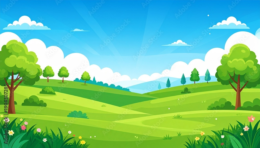 Obraz premium Vibrant green landscape with rolling hills blue sky summer nature scenery illustration