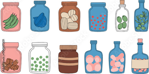 Hand drawn glass jar and bottle illustration set with preserved vegetables fruits cookies eggs and pickled food in colorful flat style for kitchen and pantry designs