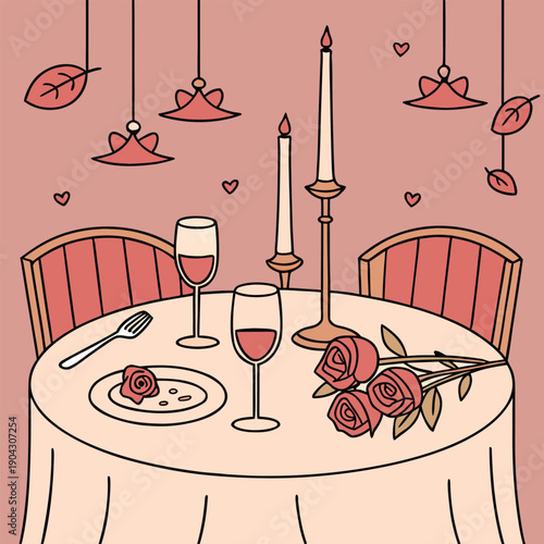 Romantic Dinner Scene: A beautifully set table with roses, candles, and wine glasses, perfect for a romantic evening or special occasion. 