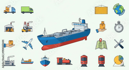 Large cargo ship sailing on the sea with various transportation icons.
