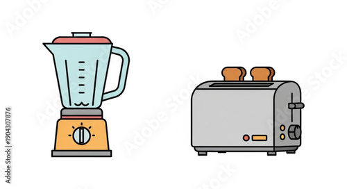Kitchen appliances blender and toaster with toast.