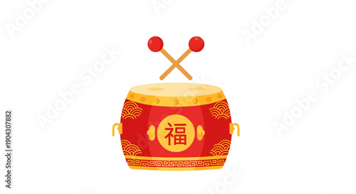 Traditional Chinese Drum with Mallets and Symbol.