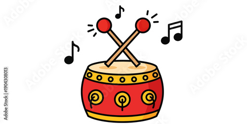 Red Cartoon Drum with Mallets and Notes.
