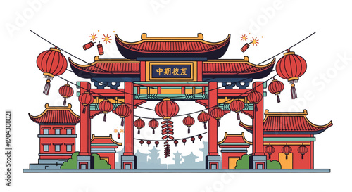Traditional Chinese Temple Gate with Lanterns.