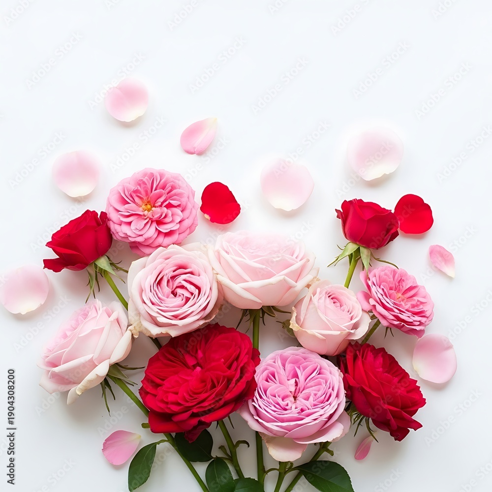 Fototapeta premium A bouquet of red and pink roses with petals on white background