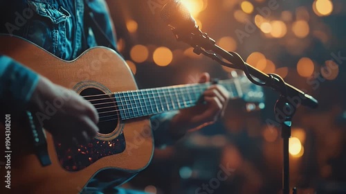 Acoustic guitar performance with a singer on stage under warm stage lighting displaying rich wooden textures and a blurred bokeh background