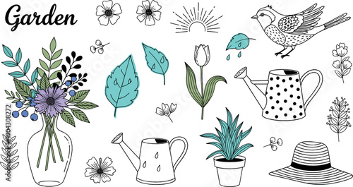 Garden illustration set with flowers watering cans bird houseplants hat and botanical elements in charming hand drawn flat style for gardening and nature designs