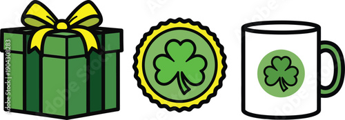 Vibrant St. Patrick's Day Celebration Elements: Gift Box, Shamrock Badge, and Themed Mug Illustrations