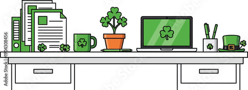 Festive St. Patrick's Day Celebration at the Modern Workspace: An Illustrated View of a Decorated Office Desk with Irish Symbols