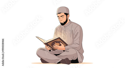 An illustration of a Muslim man sitting cross-legged while reading a book in a simple, static composition with a neutral background.