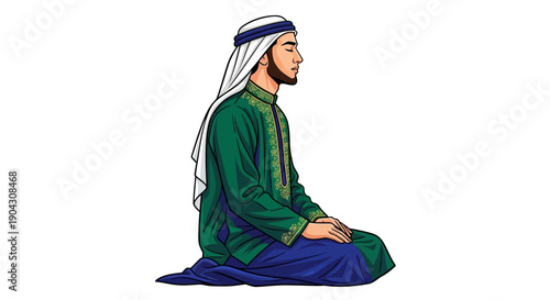 Vector illustration of a Muslim man sitting in prayer, wearing a green robe and white headscarf on a blue cloth, against a clean white background with a serene and contemplative mood.