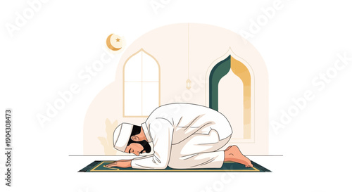 An illustration of a Muslim man praying on a mat in a mosque during Ramadan with a crescent moon in the background.