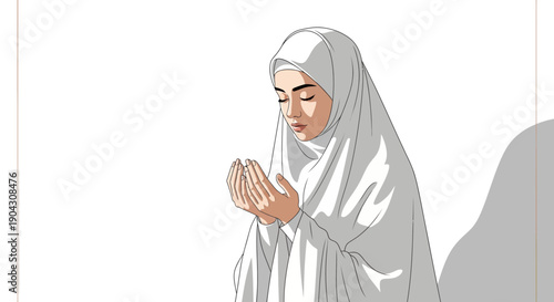 Vector illustration of a Muslim woman praying with her hands clasped in a serene and calm atmosphere.