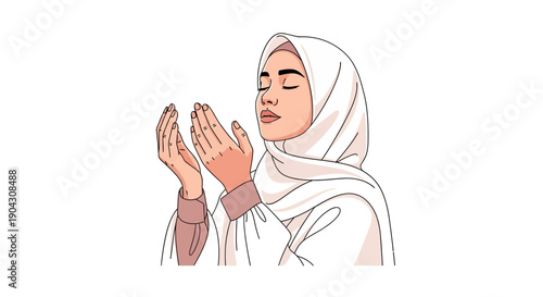 A Muslim woman in a hijab is depicted in a vector illustration praying with her hands raised in a serene and peaceful gesture against a clean white background.