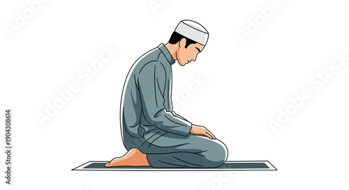 Vector illustration of a Muslim man praying in a kneeling position on a mat, wearing a traditional outfit and cap, against a clean white background with a serene and contemplative mood.