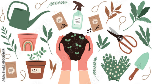 Gardening illustration set with hands planting seedlings watering can seeds gloves scissors and basil pot in cozy hand drawn flat style for home garden and lifestyle designs