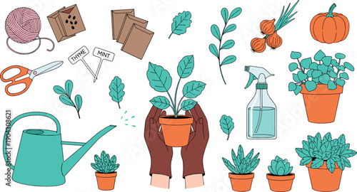 Gardening illustration set with houseplants watering can spray bottle seeds scissors and potted plants in cozy hand drawn flat style for home garden projects