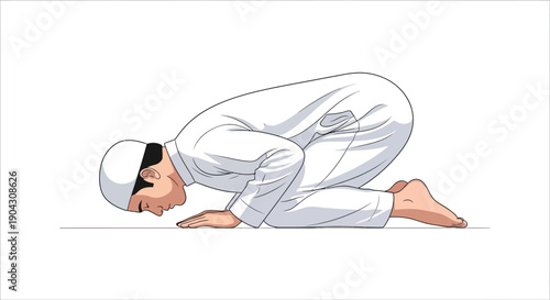 An illustration of a Muslim man in a white outfit praying on a clean white background in a traditional Islamic gesture.