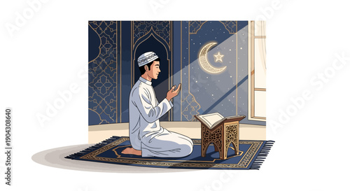 Vector illustration of a Muslim man praying on a rug in a mosque with a crescent moon and stars on the wall during Ramadan.