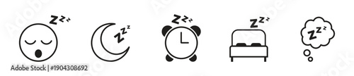 Sleep and Rest Icon Set Illustrating Tired Face, Sleeping Moon, Alarm Clock, Bed, and Sleepwalking Symbols in Minimal Black Line Style for Nighttime, Health, and Relaxation Concepts.