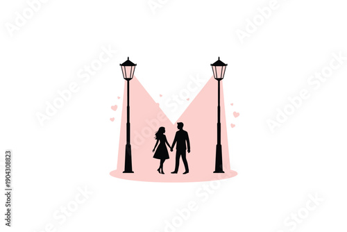 Couple Walking Under Street Lamps Romantic Pink Glow Soft Illustration for Valentines Day